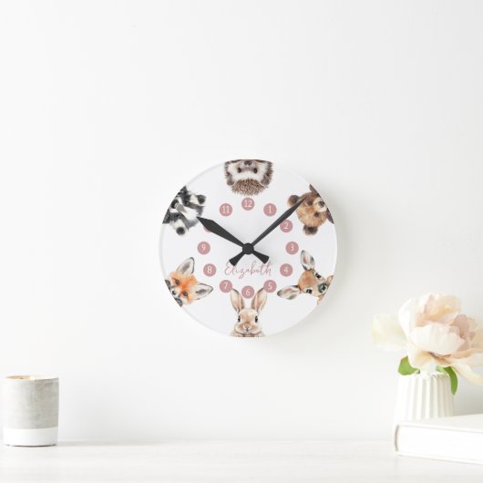 かわいい森の仲間たち 林の動物 ピンクの保育園 ラウンド壁時計 (ホーム)