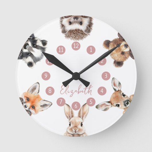 かわいい森の仲間たち 林の動物 ピンクの保育園 ラウンド壁時計 (正面)