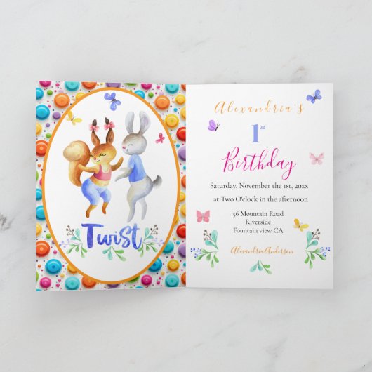 かわいい森の動物うさぎたち1st誕生日水玉模様 招待状 (内部)