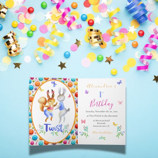 かわいい森の動物うさぎたち1st誕生日水玉模様 招待状