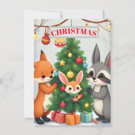 かわいい森の動物たちのクリスマスツリーカード シーズンカード