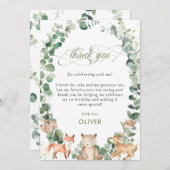 かわいい森の動物たち緑の誕生日パーティー サンキューカード (正面/裏面)