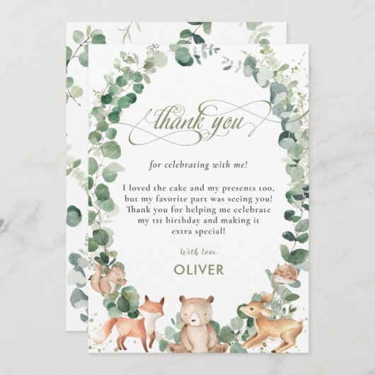 かわいい森の動物たち緑の誕生日パーティー サンキューカード (正面/裏面)