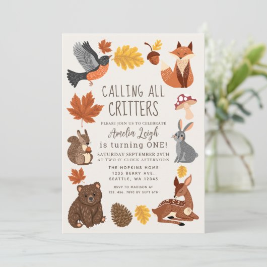 かわいい森の動物たち 秋の子供の誕生日 招待状 (スタンド正面)