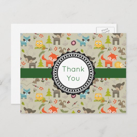 かわいい森の動物と花の模様のサンキューカード ポストカード (正面/裏面)