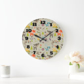 かわいい森の動物と花柄 ラージ壁時計 (ホーム)