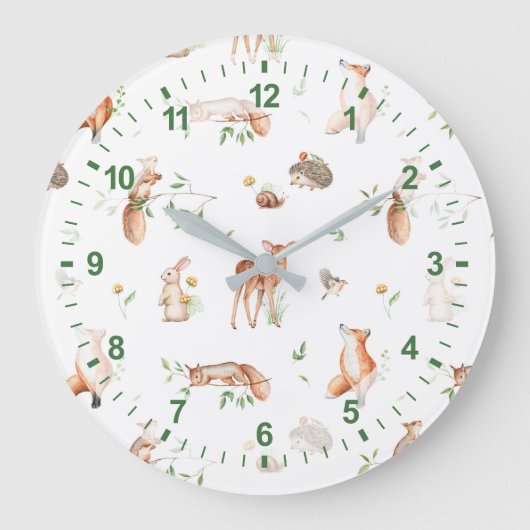 かわいい森の動物の友だちパターン ラージ壁時計 (正面)