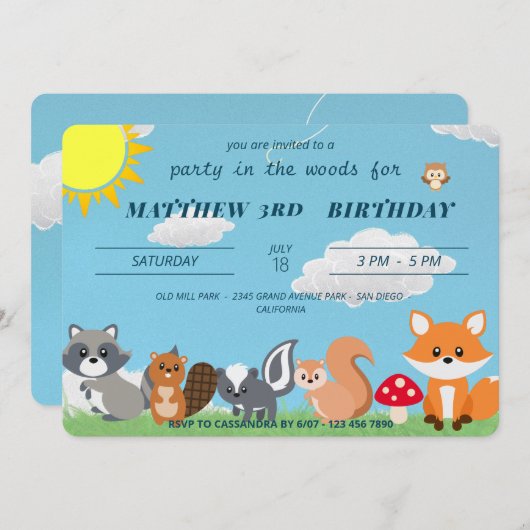 かわいい森の動物の子供の誕生日パーティー 招待状 (正面/裏面)