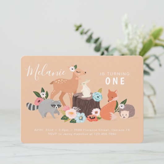 かわいい森の動物の最初の誕生日 招待状 (スタンド正面)