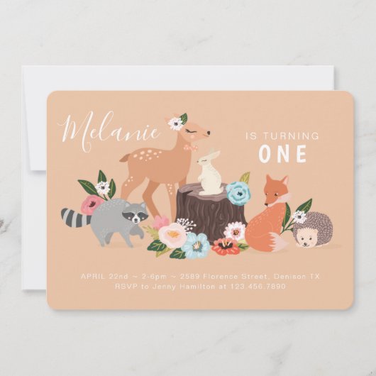 かわいい森の動物の最初の誕生日 招待状 (正面)