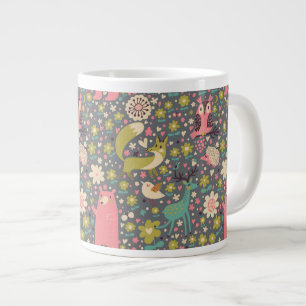 かわいい森の動物の柄 ジャンボコーヒーマグカップ