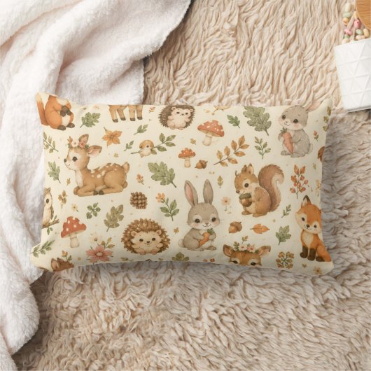 かわいい森の動物の水彩模様 ランバークッション (ブランケット)