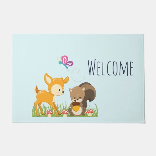 かわいい森の動物の漫画お洒落へようこそ ドアマット (正面)