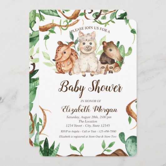 かわいい森の動物の羊葉の赤ちゃんシャワー 招待状 (正面/裏面)