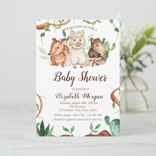 かわいい森の動物の羊葉の赤ちゃんシャワー 招待状 (スタンド正面)