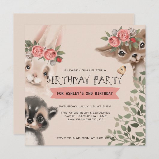 かわいい森の動物の誕生日 招待状 (正面/裏面)
