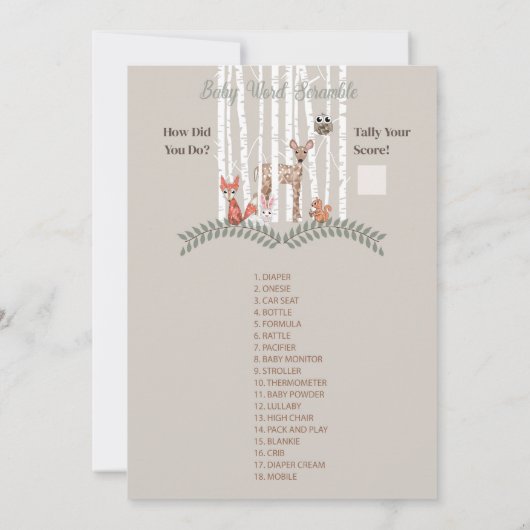 かわいい森の動物の赤ちゃんのためのプリント可能なゲーム! 招待状 (裏面)