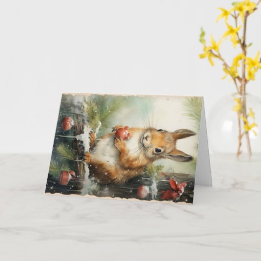 かわいい森の動物クリスマスグリーティング カード (黄色い花)