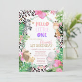 かわいい森の動物トロピカル葉1歳の誕生日 招待状 (スタンド正面)