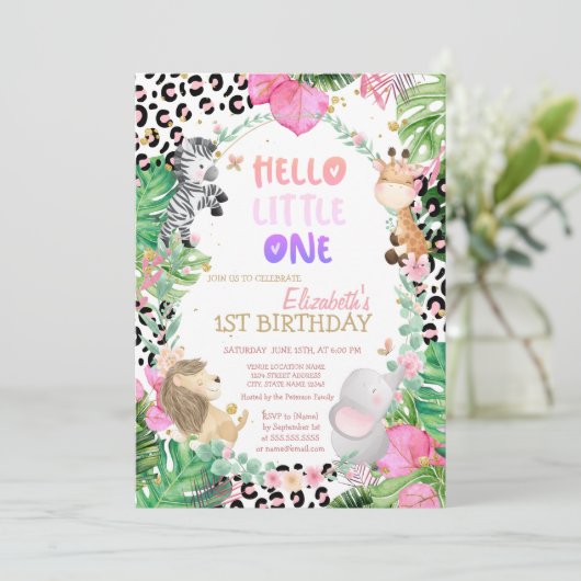 かわいい森の動物トロピカル葉1歳の誕生日 招待状 (スタンド正面)