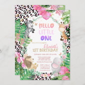かわいい森の動物トロピカル葉1歳の誕生日 招待状 (正面/裏面)