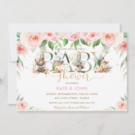 かわいい森の動物ピンクのフローラシャワーガール 招待状 (正面)