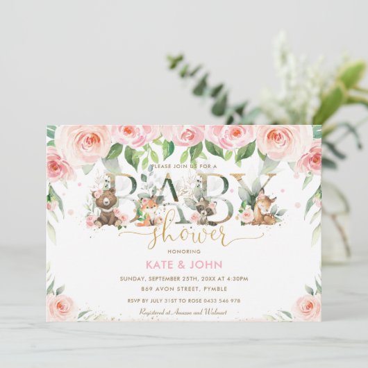 かわいい森の動物ピンクのフローラシャワーガール 招待状 (スタンド正面)
