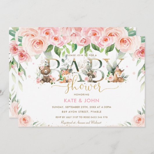 かわいい森の動物ピンクのフローラシャワーガール 招待状 (正面/裏面)