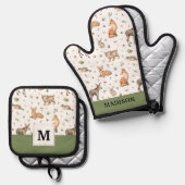 かわいい森の動物柄 鍋つかみ&鍋敷きセット (正面/裏面)