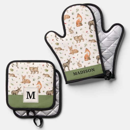 かわいい森の動物柄 鍋つかみ&鍋敷きセット (正面/裏面)