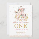 かわいい森の動物部族の少女1歳の誕生日 招待状 (正面)