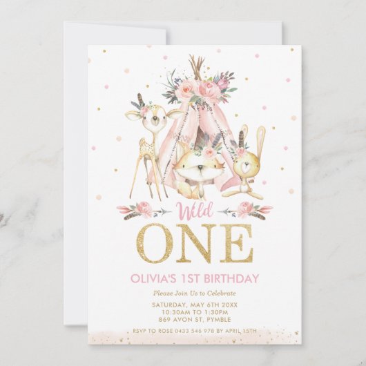 かわいい森の動物部族の少女1歳の誕生日 招待状 (正面)