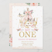 かわいい森の動物部族の少女1歳の誕生日 招待状 (正面/裏面)