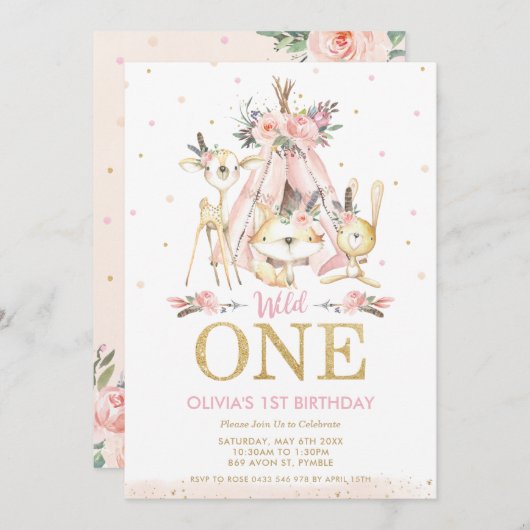 かわいい森の動物部族の少女1歳の誕生日 招待状 (正面/裏面)