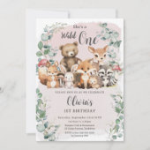 かわいい森の動物 ピンク ワイルドワン 1歳の誕生日 招待状 (正面)