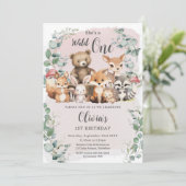 かわいい森の動物 ピンク ワイルドワン 1歳の誕生日 招待状 (スタンド正面)