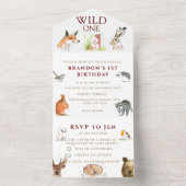 かわいい森の動物 ワイルドワン 1歳の誕生日 男の子 オールインワン招待状 (内側)