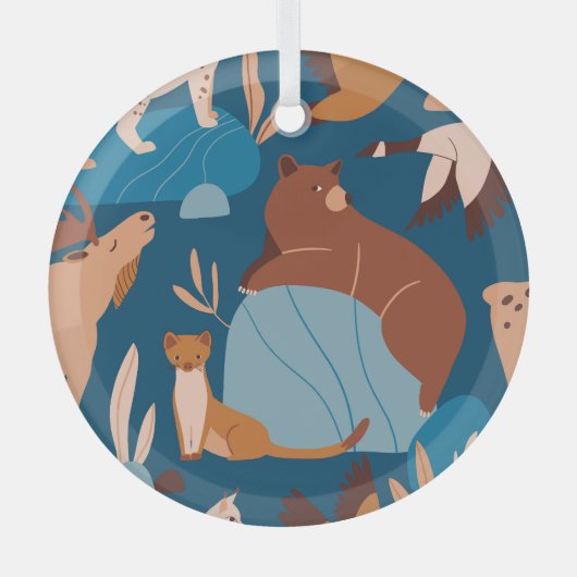 かわいい森の動物、暗いシームレスなデザイン。 ガラスオーナメント (正面)
