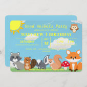 かわいい森の動物 黄色い太陽 白い雲 招待状 (正面/裏面)