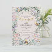 かわいい森の動物QR女の子ベビーシャワー 招待状 (スタンド正面)