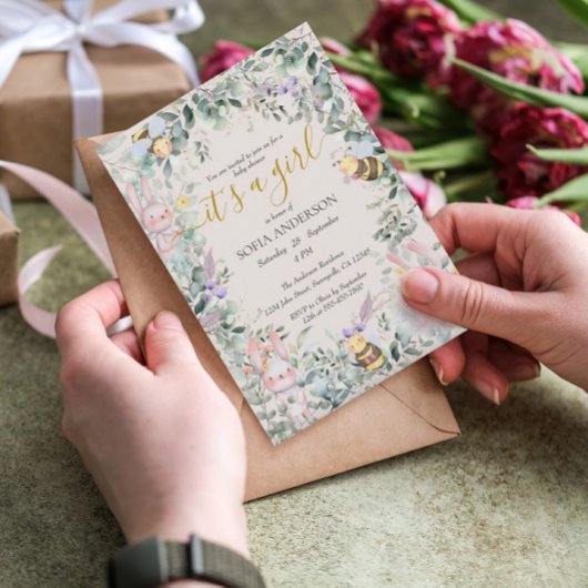 かわいい森の動物QR女の子ベビーシャワー 招待状