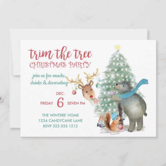 かわいい森の友人の木のトリミングのクリスマスパーティー 招待状 (正面)
