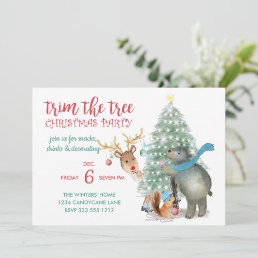 かわいい森の友人の木のトリミングのクリスマスパーティー 招待状 (スタンド正面)