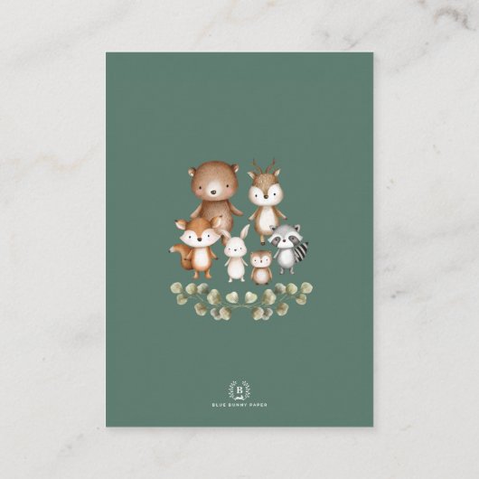 かわいい森の森の動物の緑おむつラッフル エンクロージャーカード (裏面)