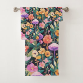 かわいい森の花きのこコテージコアパターン バスタオルセット