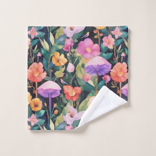 かわいい森の花きのこコテージコアパターン バスタオルセット (ウォッシュタオル)