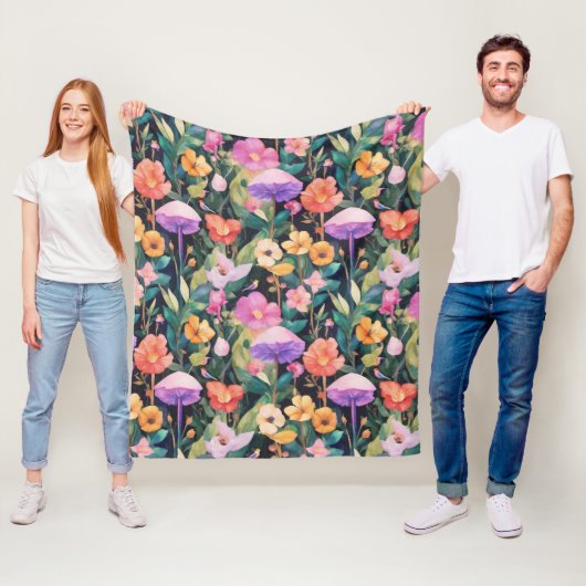 かわいい森の花きのこコテージコアパターン フリースブランケット (インサイチュ)