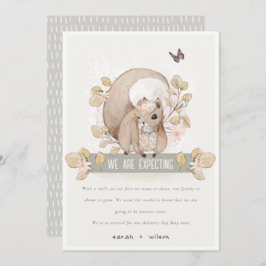 かわいい森の花モチーフのリス 赤ちゃんお知らせ 招待状 (正面/裏面)