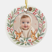 かわいい森の赤ちゃんの最初のクリスマスの思い出 セラミックオーナメント (正面)
