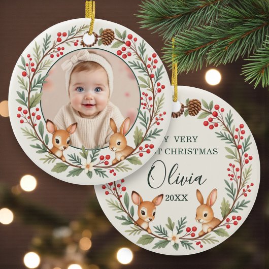 かわいい森の赤ちゃんの最初のクリスマスの思い出 セラミックオーナメント
